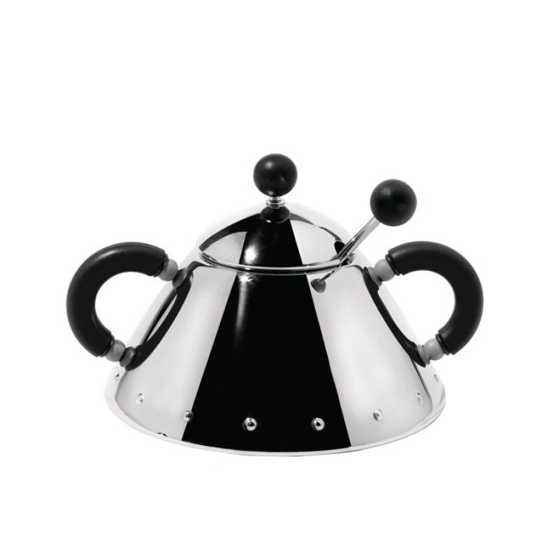 Alessi 9097 sokerikko ja lusikka, teräs, mustat kahvat